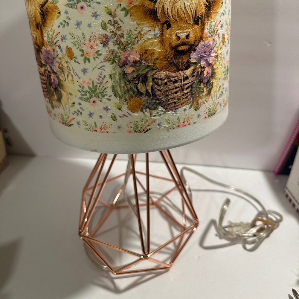 Rose Gold Metal  Bedside Lamp With Decoupaged Floral Highland Cow Shade - Picture 2 of 13